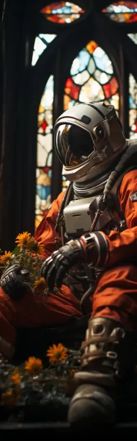cosmonaut at church holding flowers