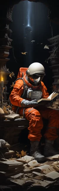 cosomonaut at a library reading a book