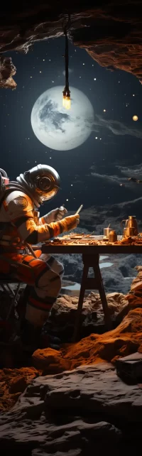 a lonely cosmonaut eats at a resturant alone