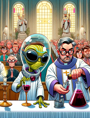 The image humorously illustrates the contrast between scientific inquiry and religious faith, with Step Han conducting tests amidst a traditional religious ceremony.
