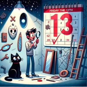Surrounding the calendar, various superstitious symbols like a black cat, a broken mirror, and a ladder leaning against a wall, all depicted in a playful, non-threatening manner.