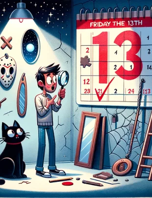 Surrounding the calendar, various superstitious symbols like a black cat, a broken mirror, and a ladder leaning against a wall, all depicted in a playful, non-threatening manner.