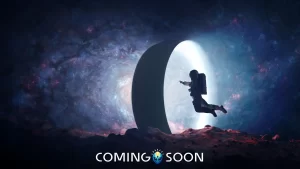 coming soon placeholder. Astronaut enters space portal