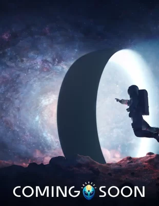 coming soon placeholder. Astronaut enters space portal