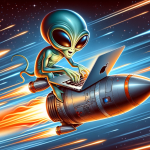 An animated alien named Step Han is seated on a rocket-propelled MacBook Pro, typing away as he zooms through space. The backdrop is filled with stars and streaks of light that emphasize the high speed of his journey