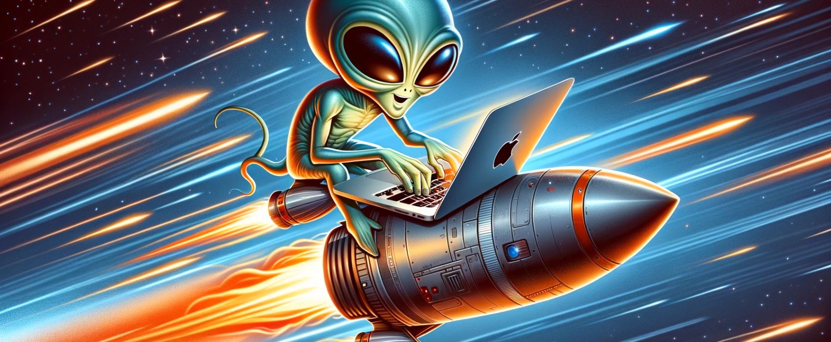 An animated alien named Step Han is seated on a rocket-propelled MacBook Pro, typing away as he zooms through space. The backdrop is filled with stars and streaks of light that emphasize the high speed of his journey