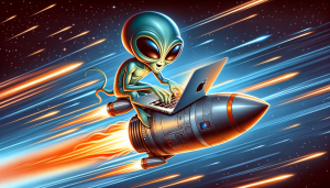 An animated alien named Step Han is seated on a rocket-propelled MacBook Pro, typing away as he zooms through space. The backdrop is filled with stars and streaks of light that emphasize the high speed of his journey