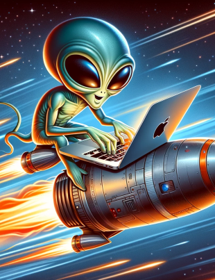 An animated alien named Step Han is seated on a rocket-propelled MacBook Pro, typing away as he zooms through space. The backdrop is filled with stars and streaks of light that emphasize the high speed of his journey