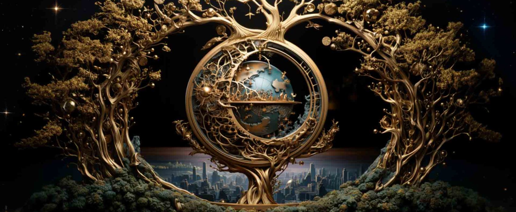 planet and city wrapped in a bronze tree, planetary artwork