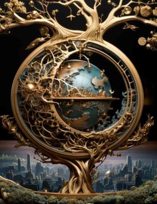 planet and city wrapped in a bronze tree, planetary artwork