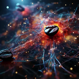 A coffee bean igniting a neural galaxy, symbolizing the burst of energy and stimulation caffeine delivers to the brain's neurotransmitter network.