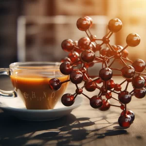 caffeine molecular structure next to a cup of coffee